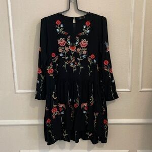 Anthropologie Black Dress with Red Floral Embroidery